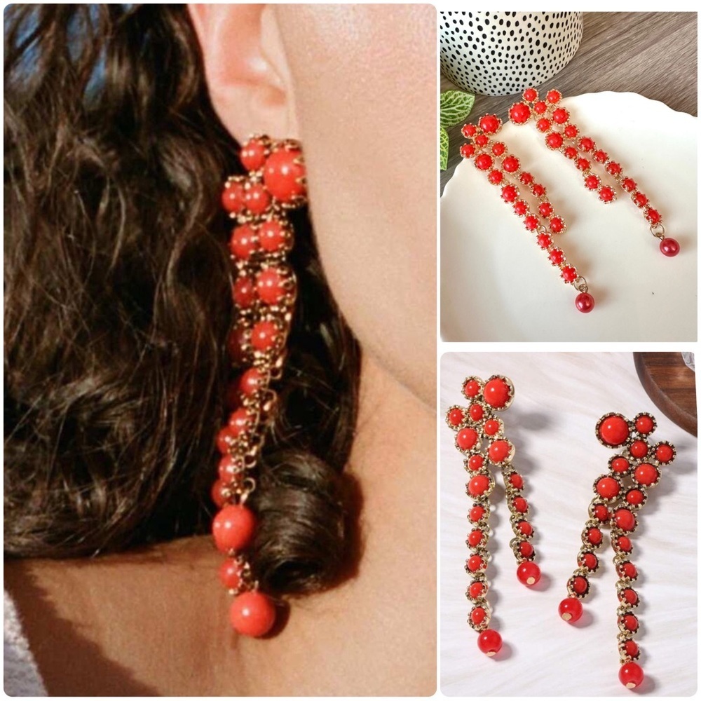 2/$30🌵 Red Acrylic Stone Vintage Style Linear Earrings Dangle Bohemian Gift NEW